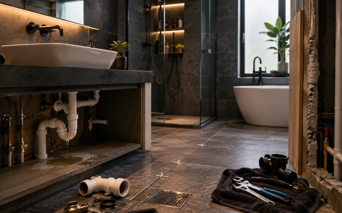 Instalații sanitare pregătite pentru renovarea unei băi moderne