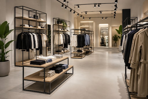 Interior modern de magazin de haine cu rafturi
